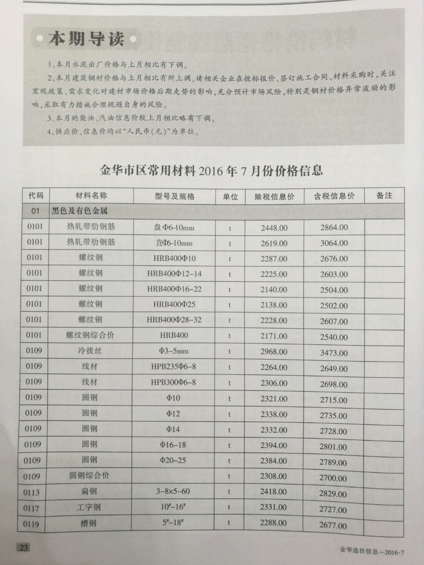 金华市2016年7月信息价封面