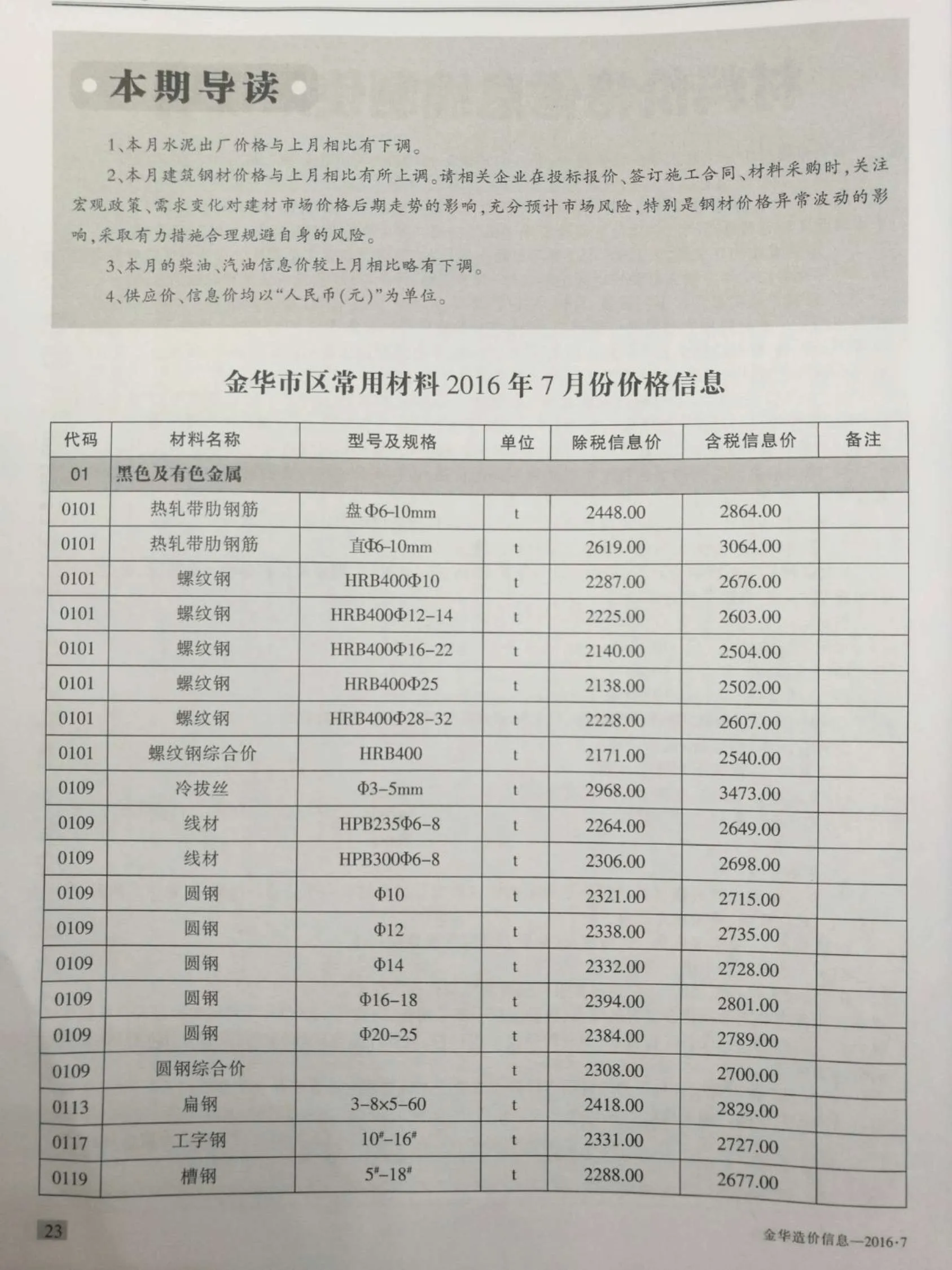 金华市2016年7月信息价