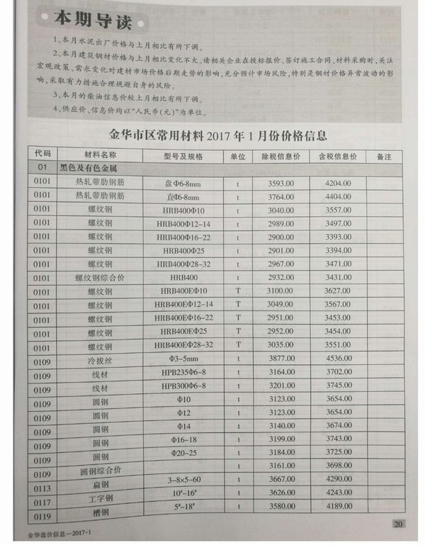 金华市2017年第1期信息价封面