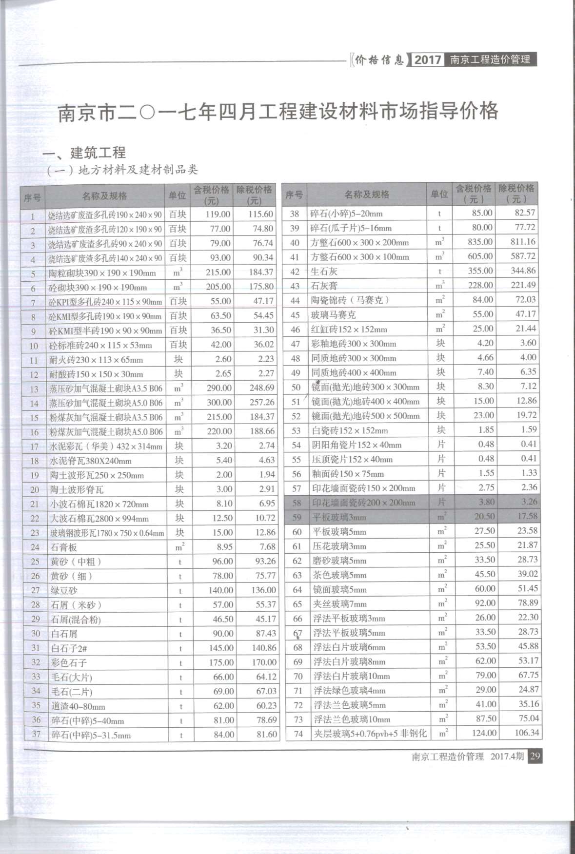 南京市2017年4期信息价电子版