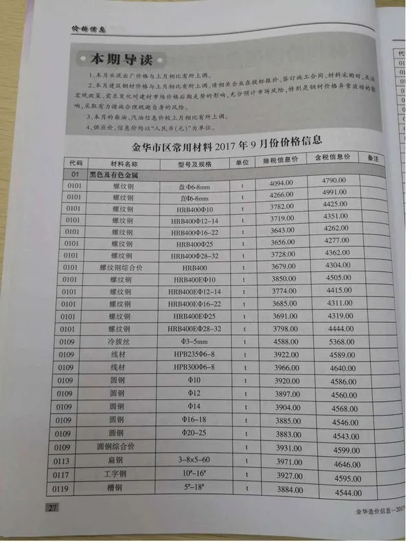 金华市2017年9月信息价