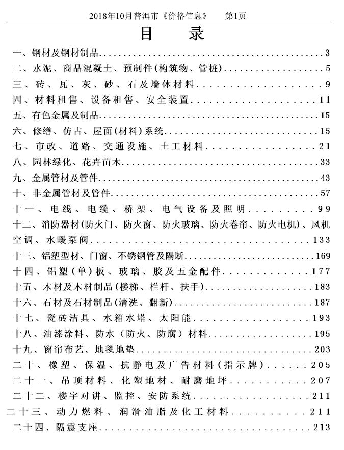 普洱市2018年10月信息价封面