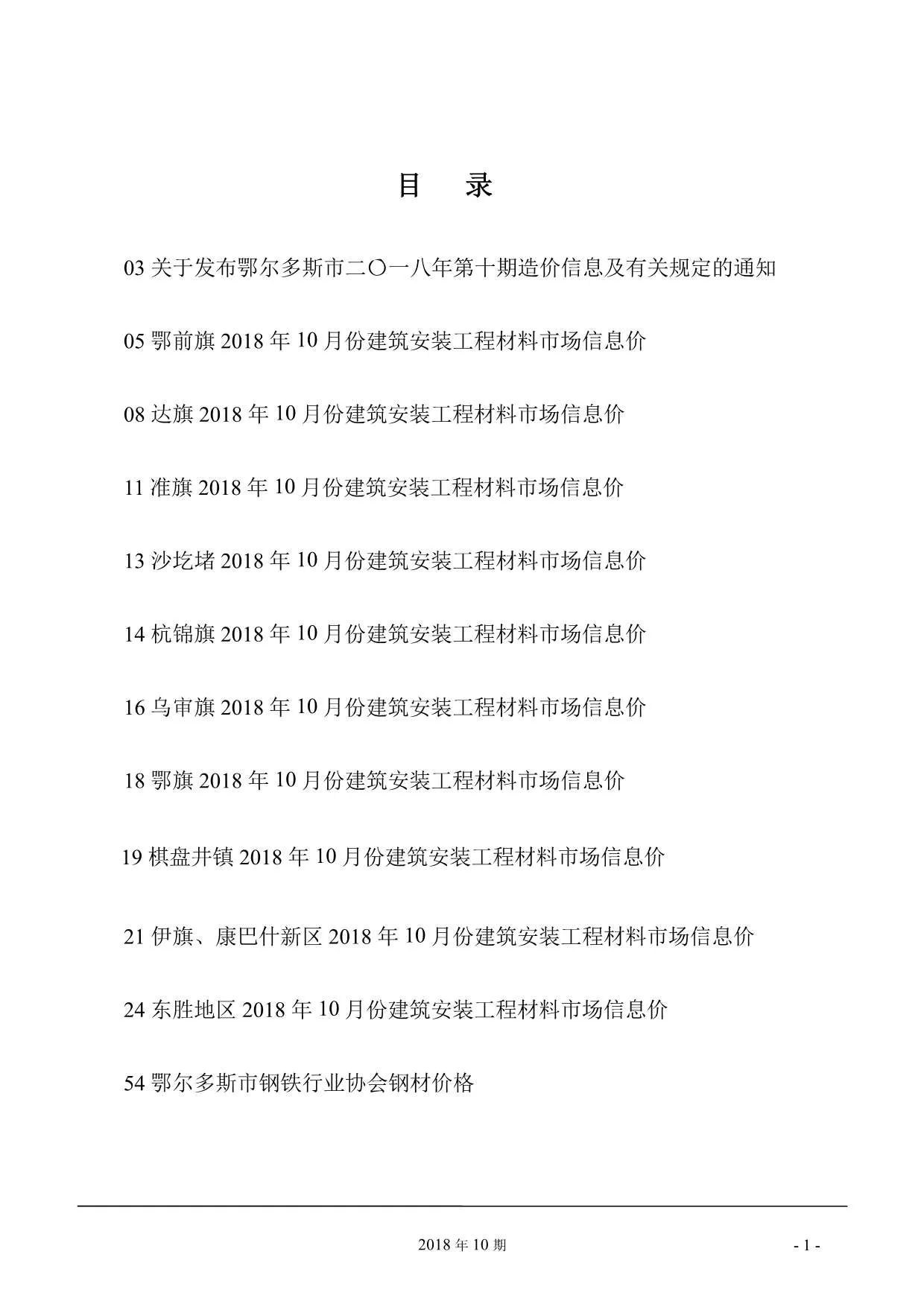 2018年10月鄂尔多斯信息价