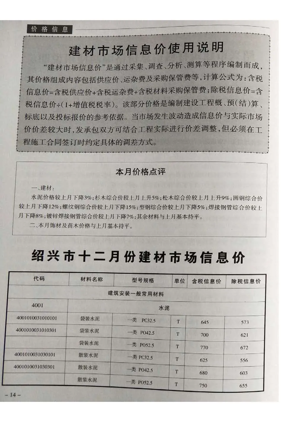 2018年12月绍兴信息价
