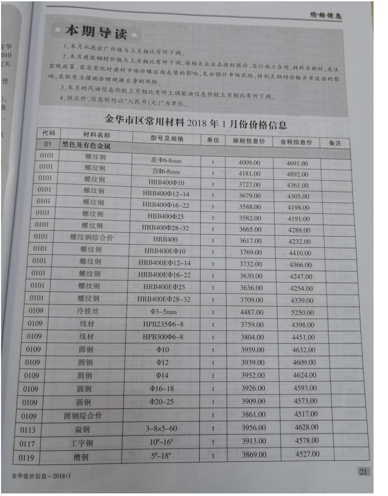 金华市2018年第1期信息价封面