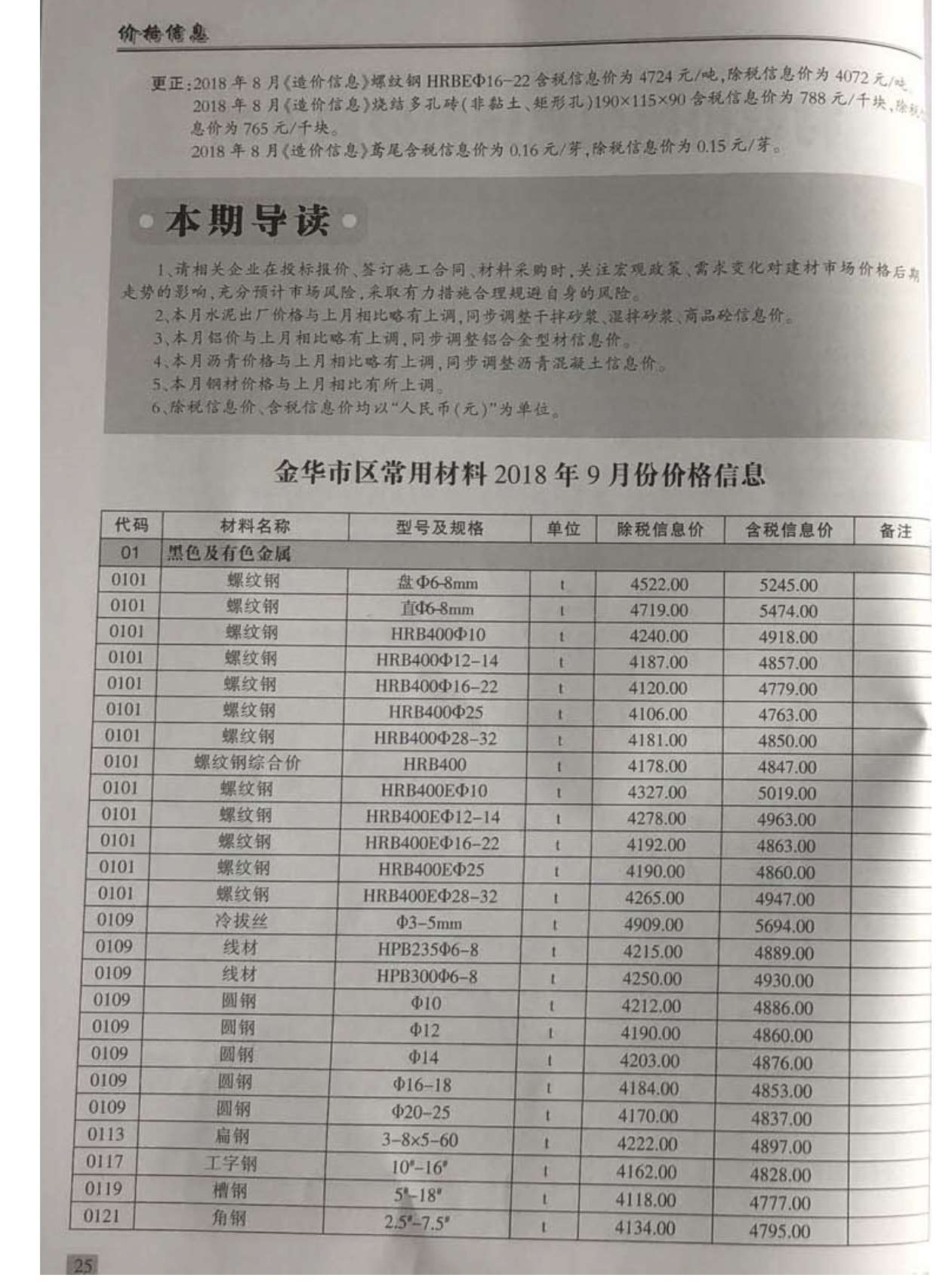 金华市2018年9月信息价封面