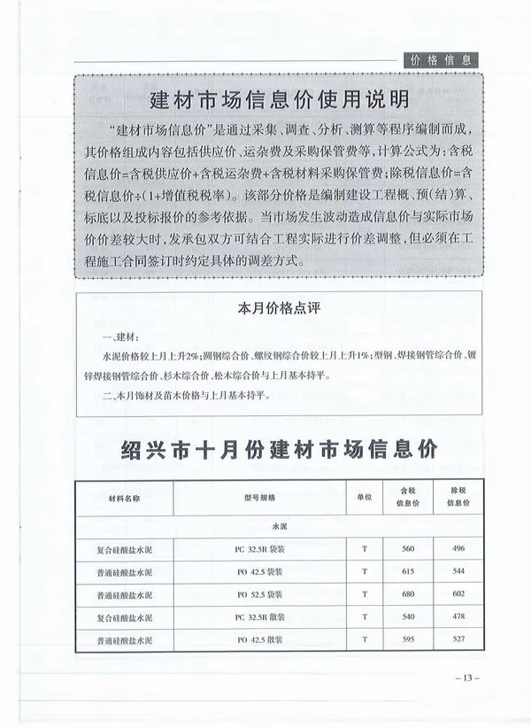 绍兴市2019年10月信息价