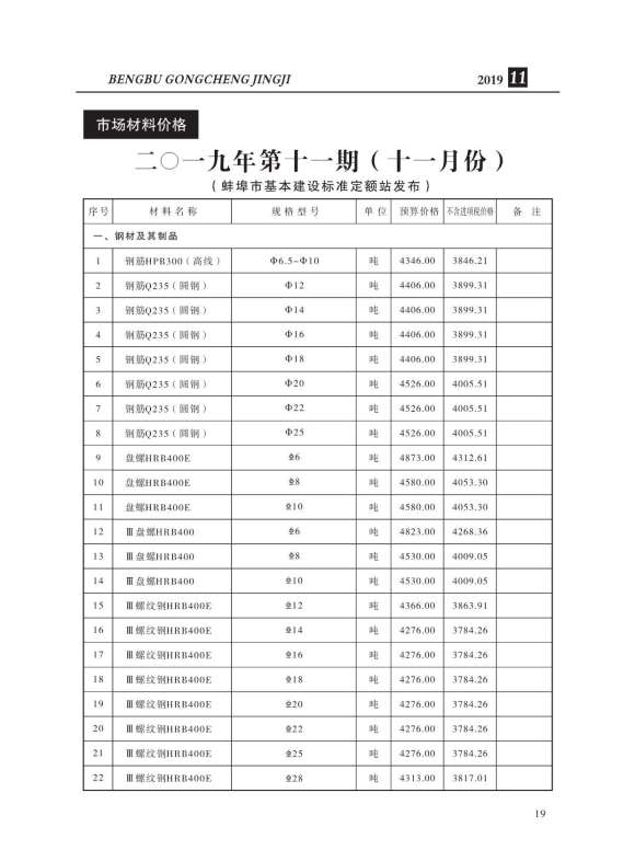 蚌埠市2019年11月信息价_蚌埠市信息价期刊PDF扫描件电子版