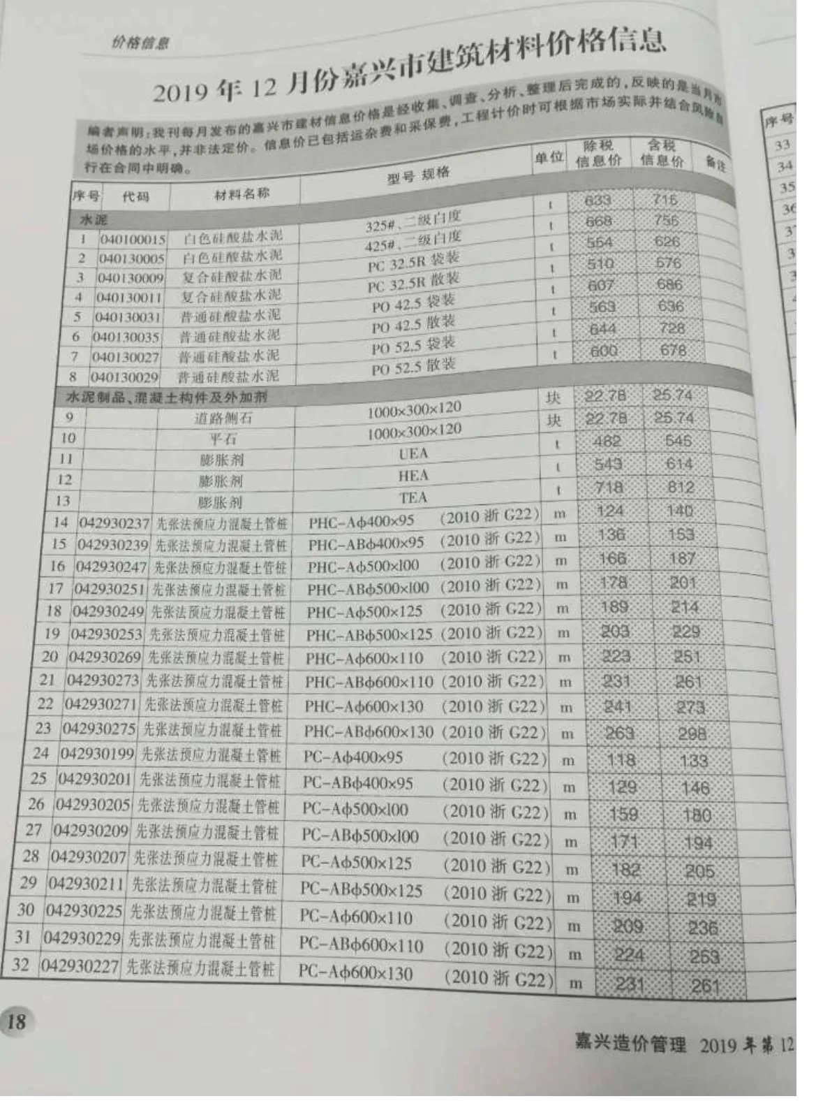 2019年12月嘉兴市信息价