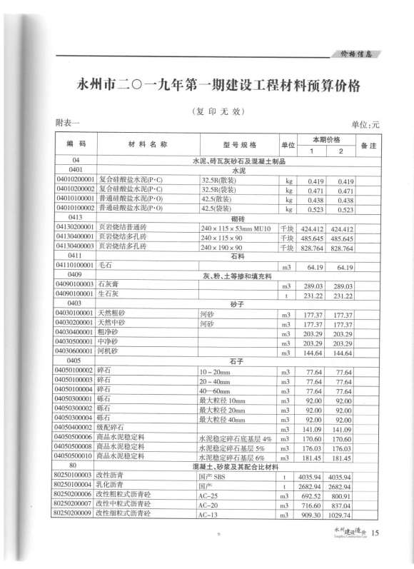 永州市2019年1月工程材料价_永州市工程材料价期刊PDF扫描件电子版