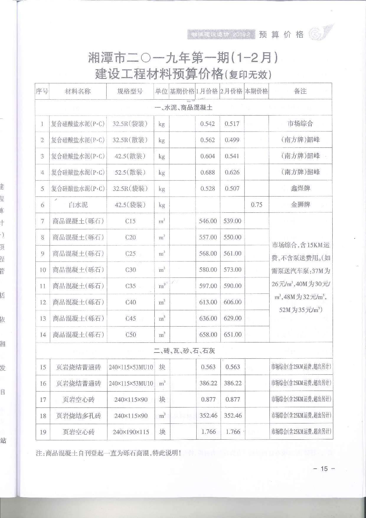 湘潭市2019年1月工程信息价_湘潭市信息价期刊PDF扫描件电子版