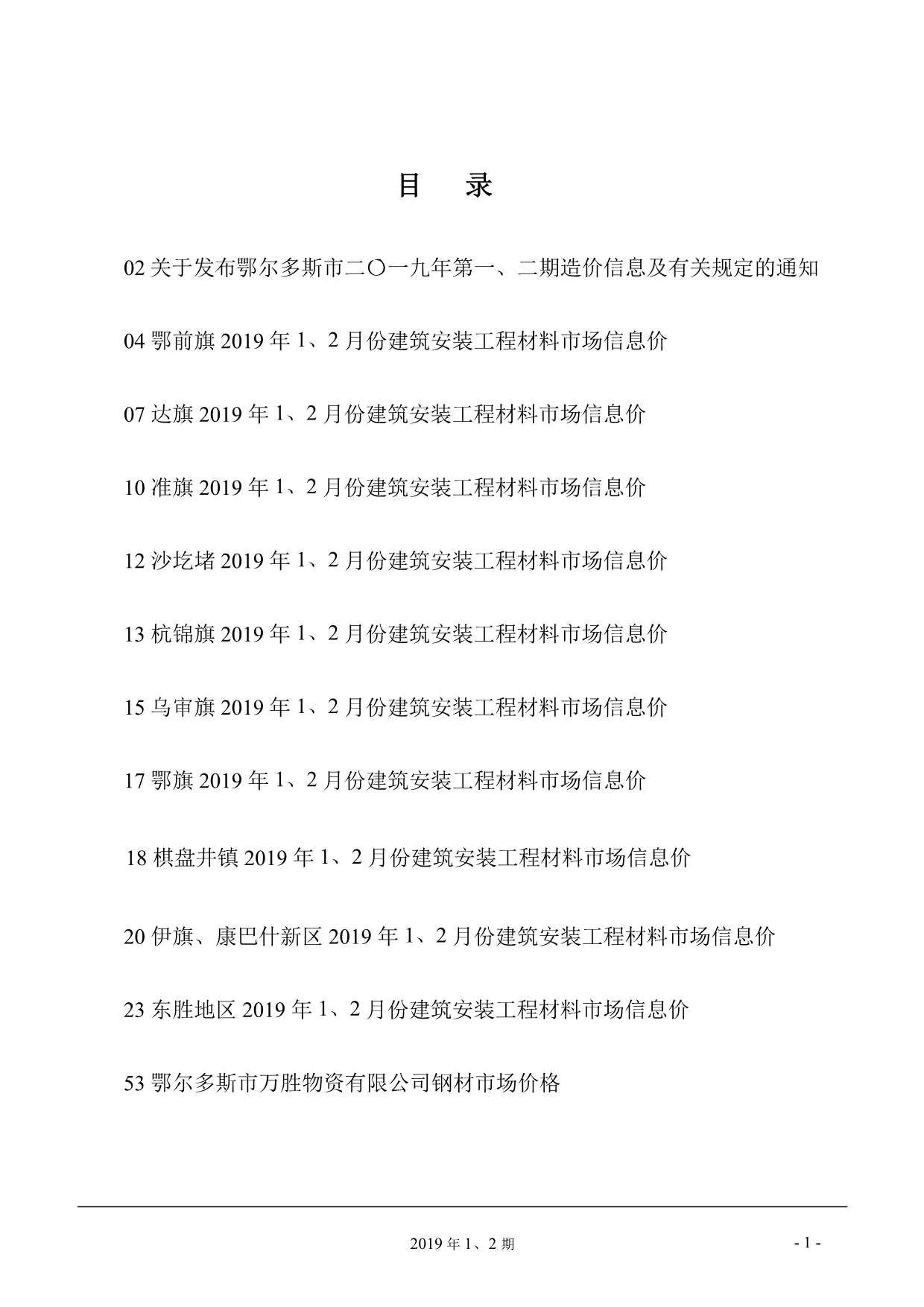 2019年第1期鄂尔多斯信息价
