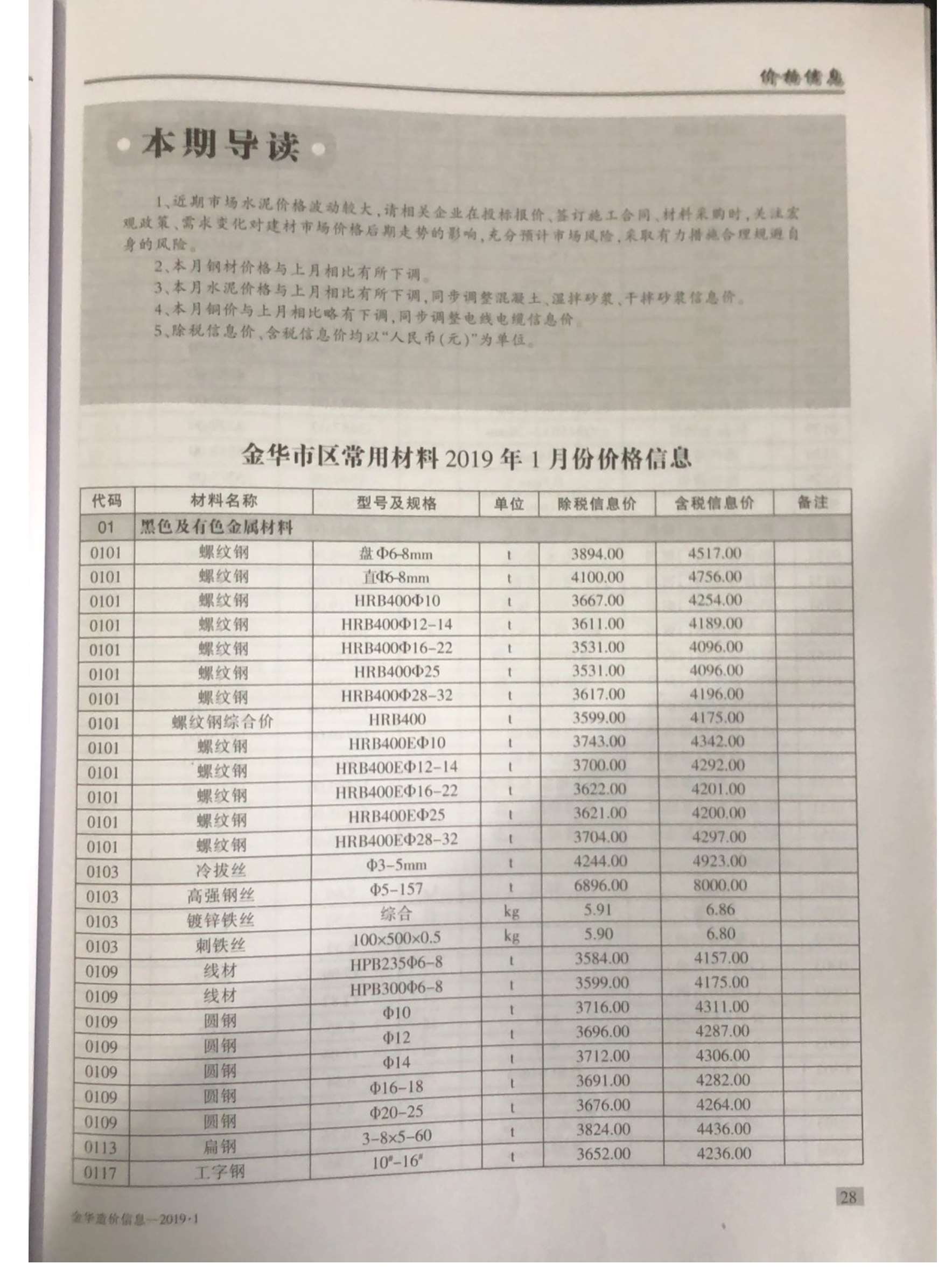 金华市2019年1期信息价电子版
