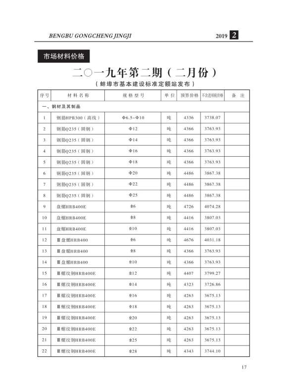 蚌埠市2019年2月工程建材价_蚌埠市工程建材价期刊PDF扫描件电子版