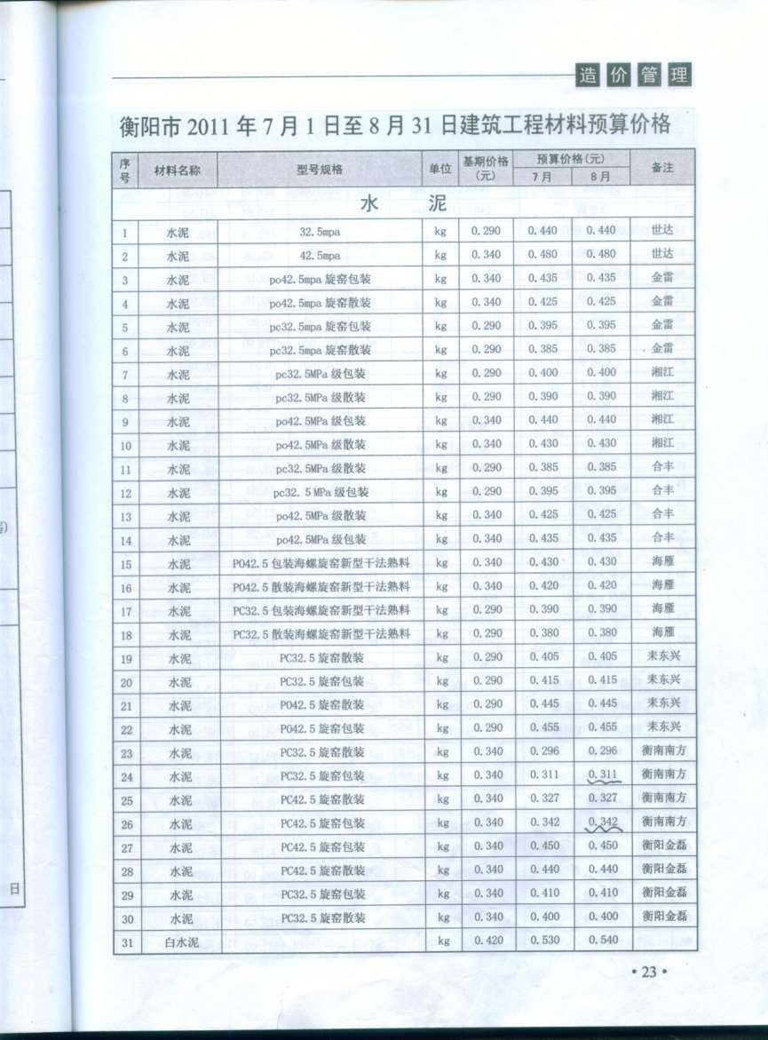 衡阳市2011年4月信息价工程信息价_衡阳市信息价期刊PDF扫描件电子版