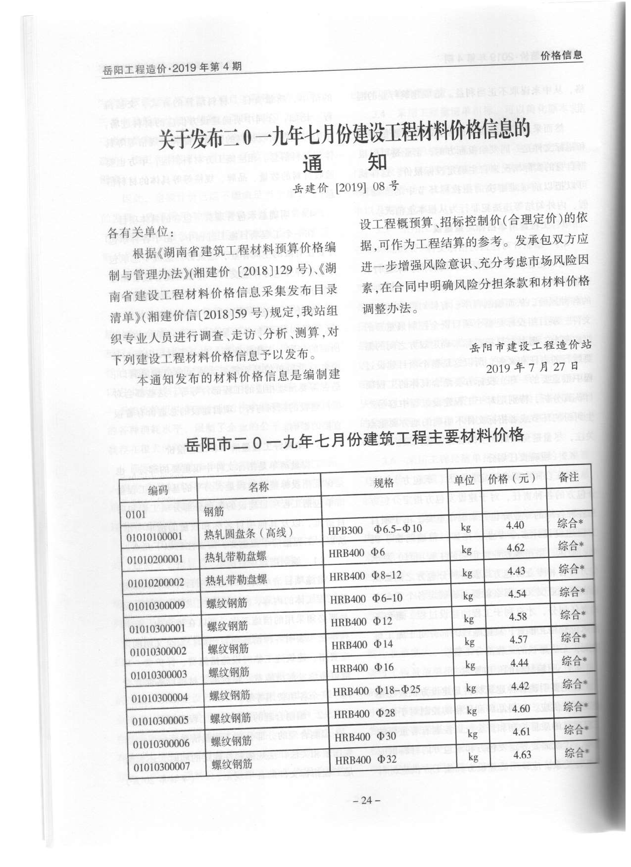 岳阳市2019年第4期信息价封面