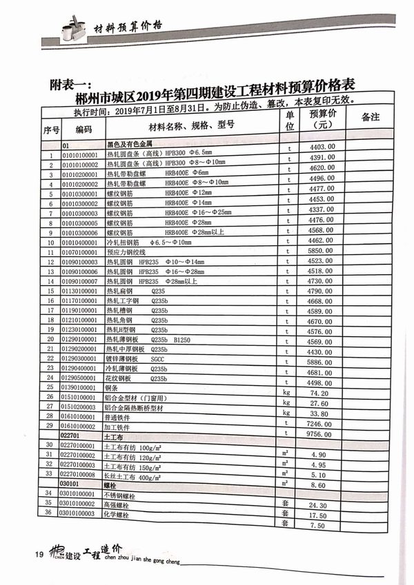 郴州市2019年第4期信息价封面