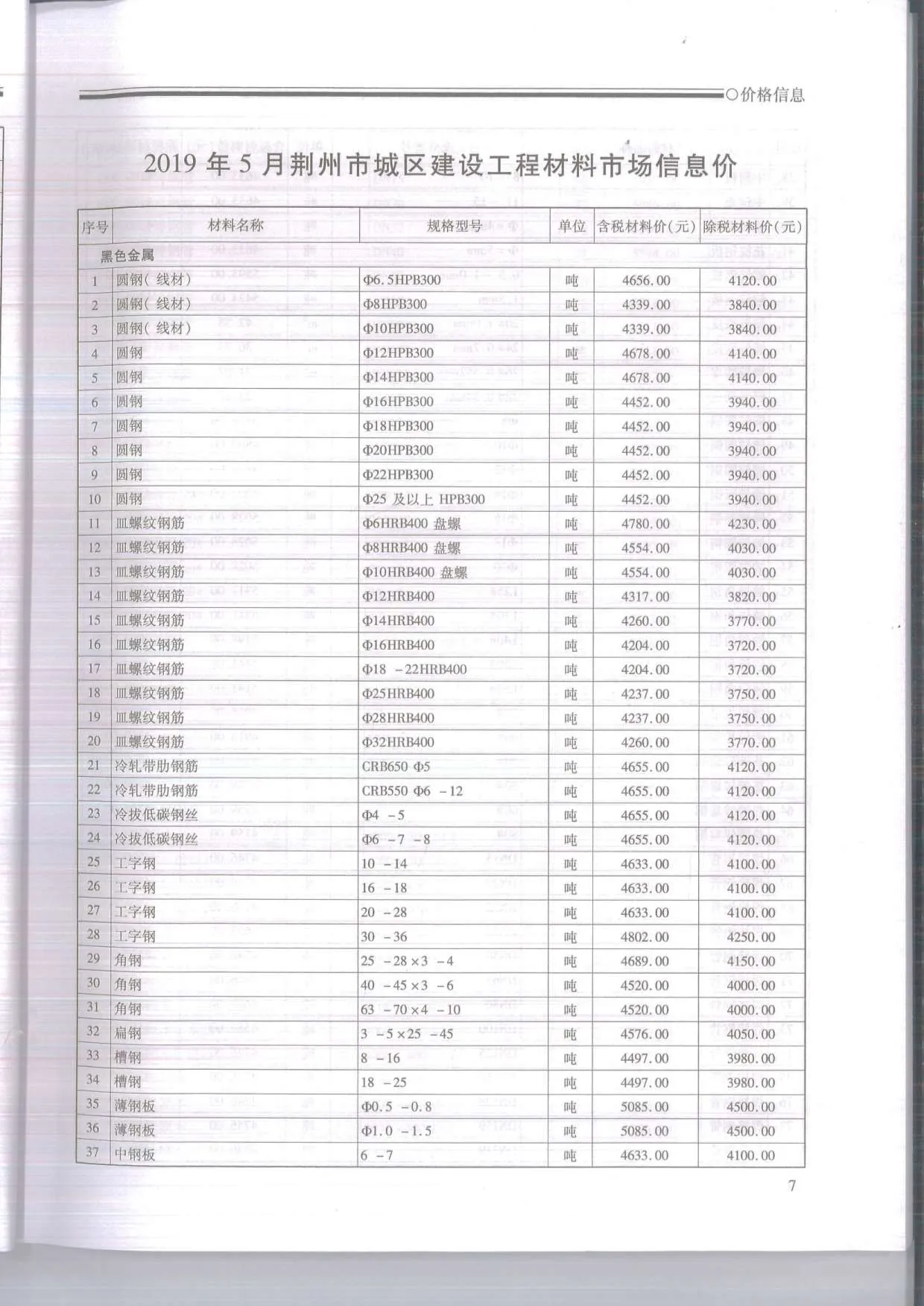 荆州市2019年第5期信息价封面