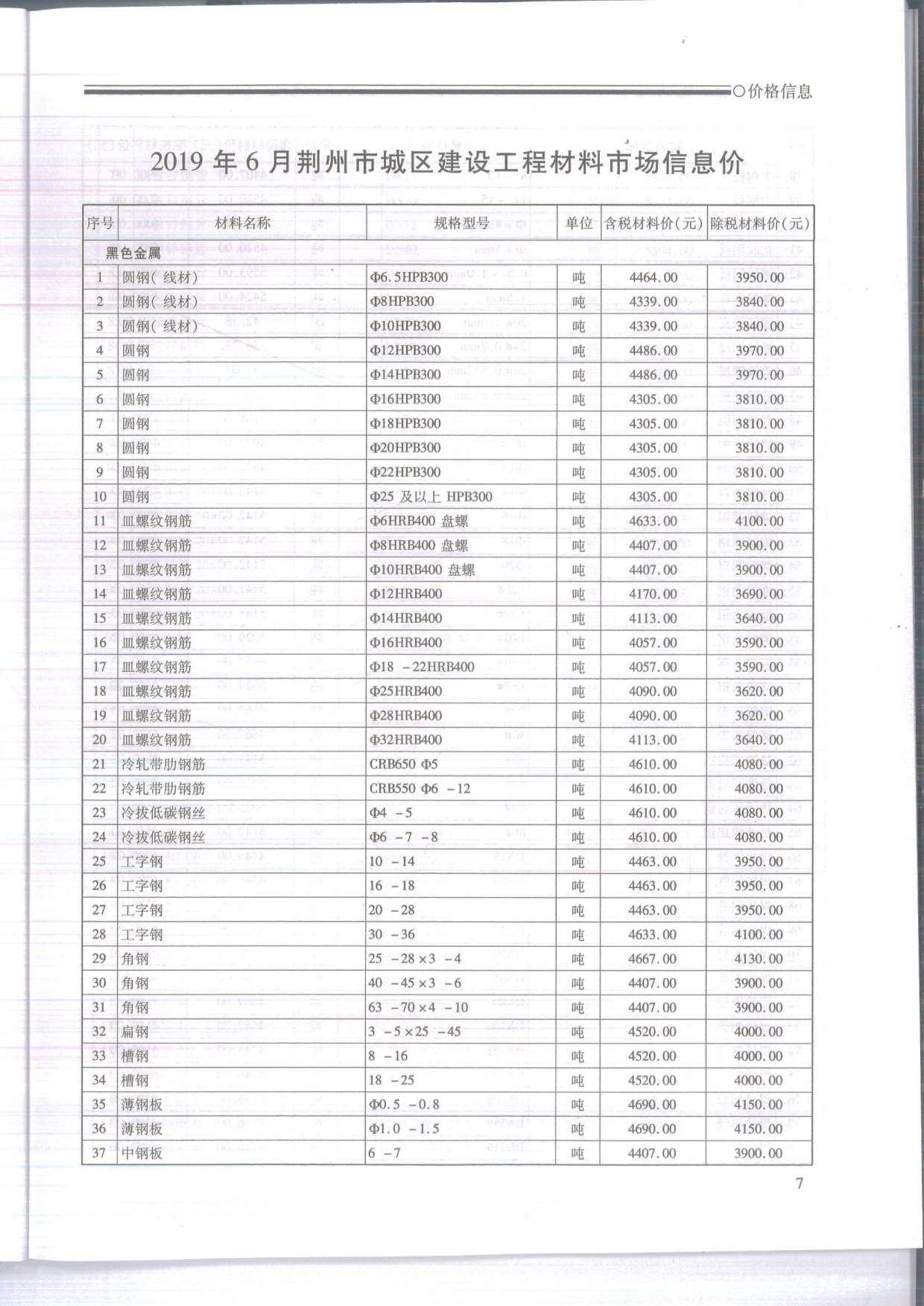 荆州市2019年第6期信息价封面