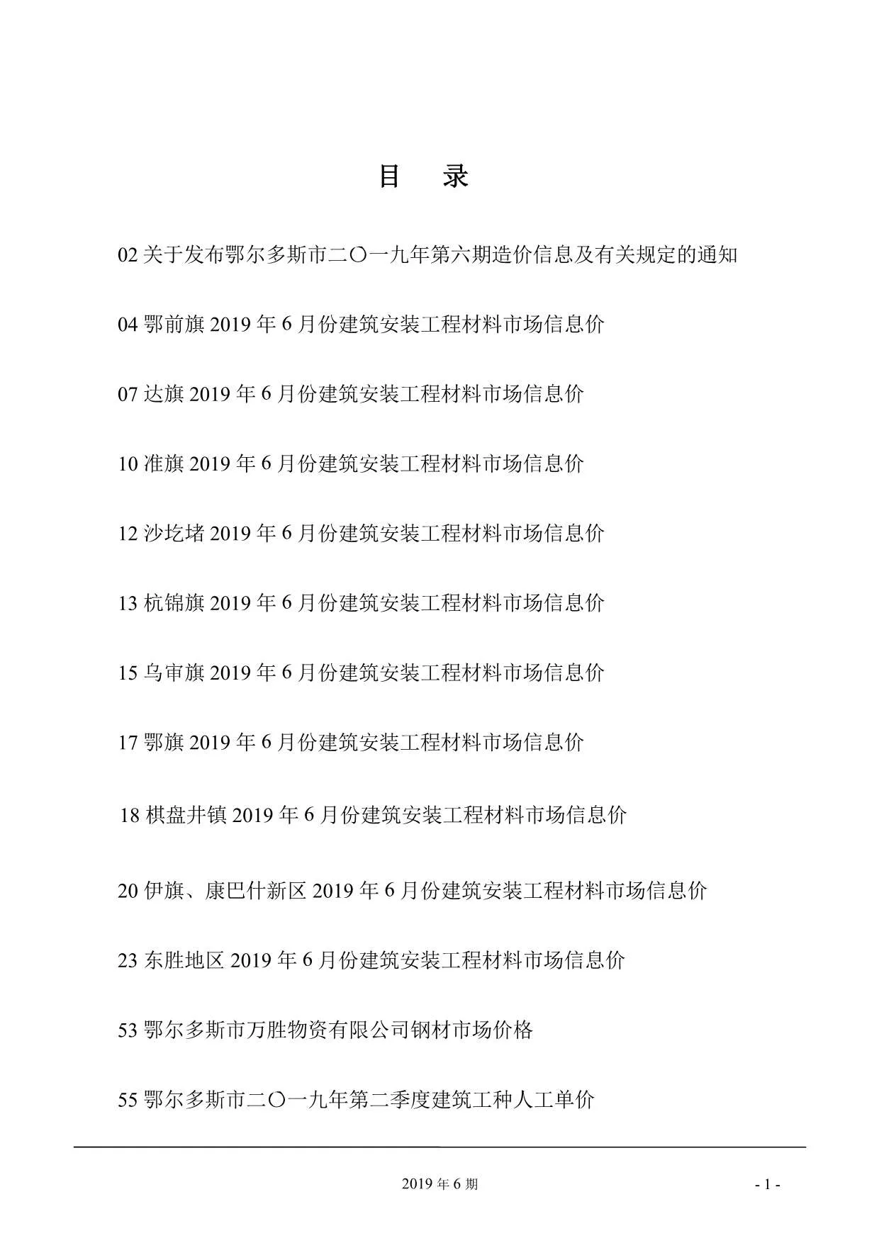2019年第6期鄂尔多斯信息价