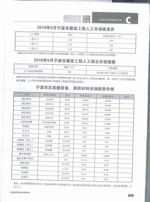 宁波市2019年9月工程预算价_宁波市工程预算价期刊PDF扫描件电子版