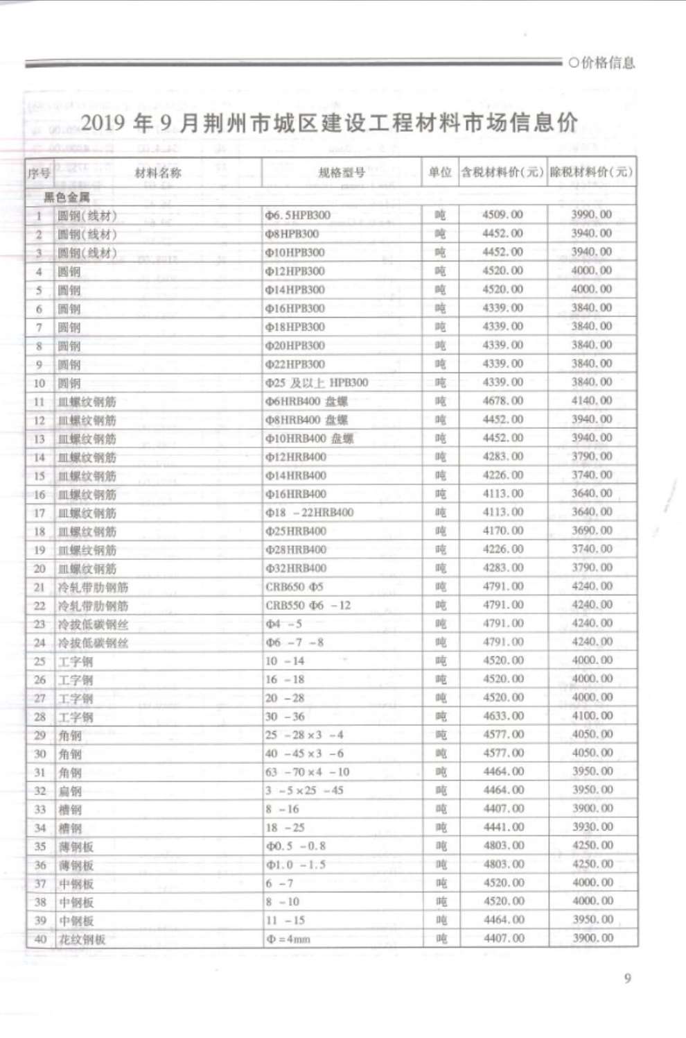荆州市2019年9月信息价工程信息价_荆州市信息价期刊PDF扫描件电子版