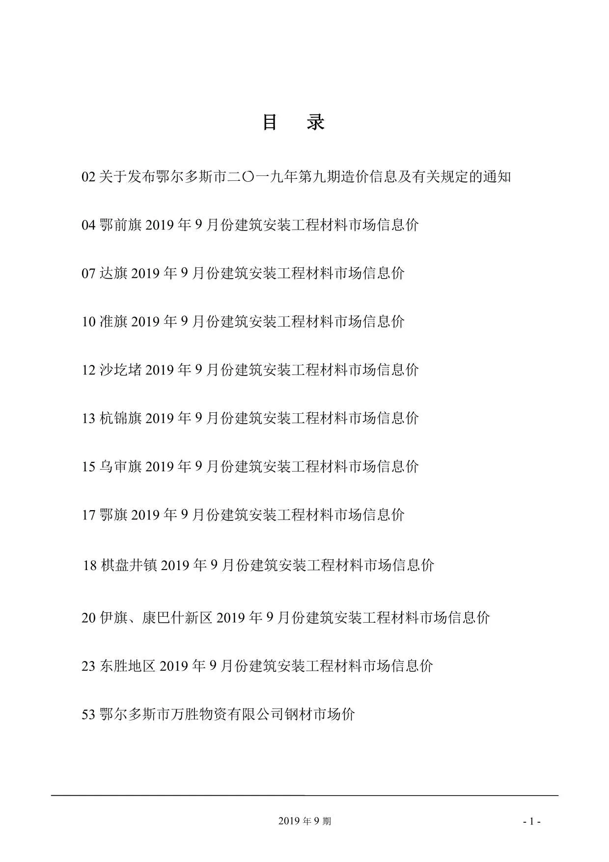2019年9月鄂尔多斯信息价