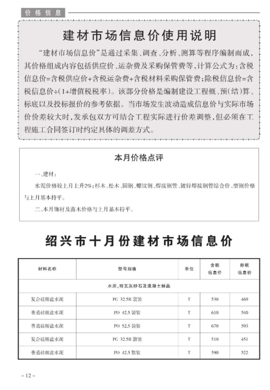 绍兴市2020年10月信息价