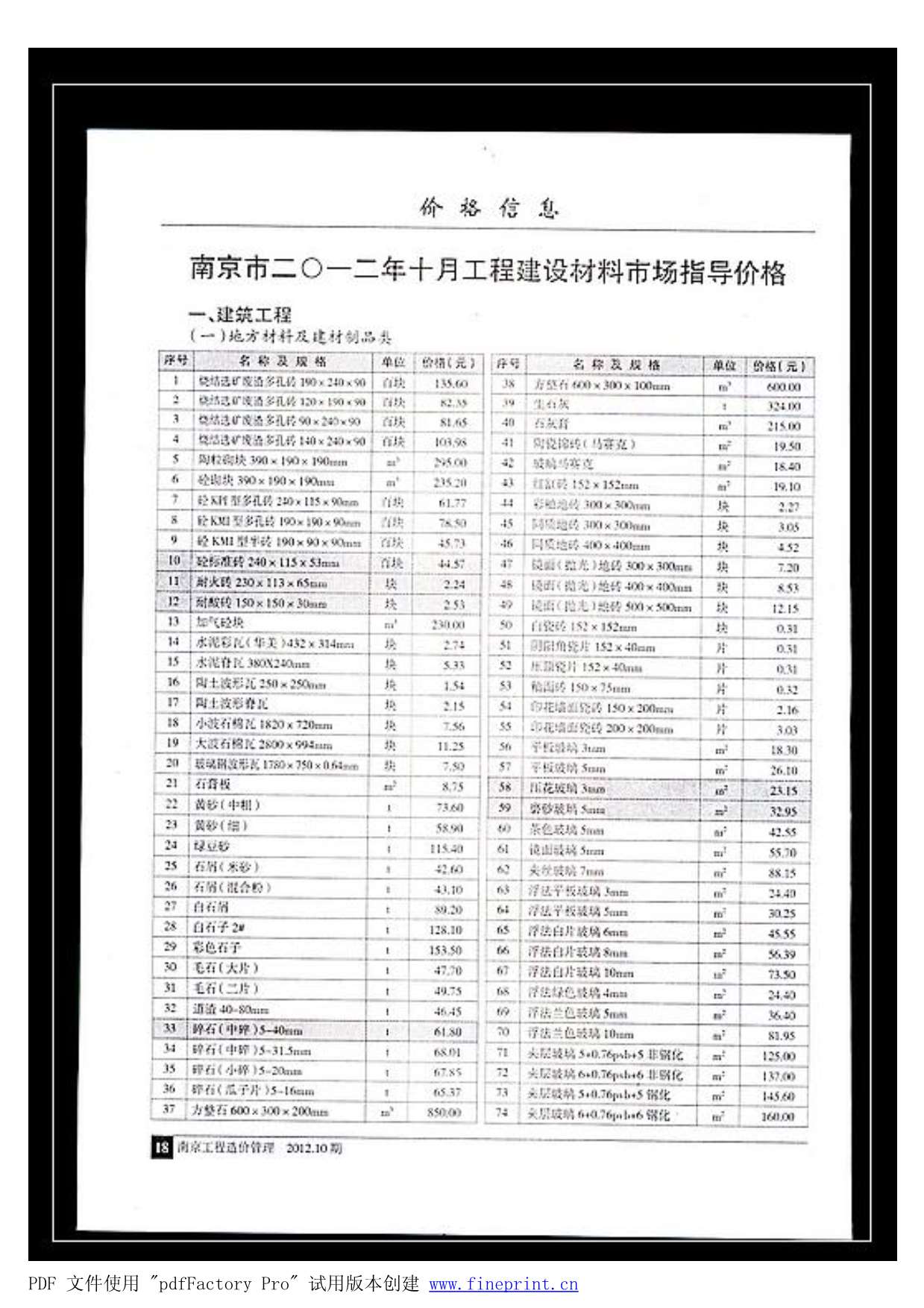 南京市2012年10月信息价工程信息价_南京市信息价期刊PDF扫描件电子版