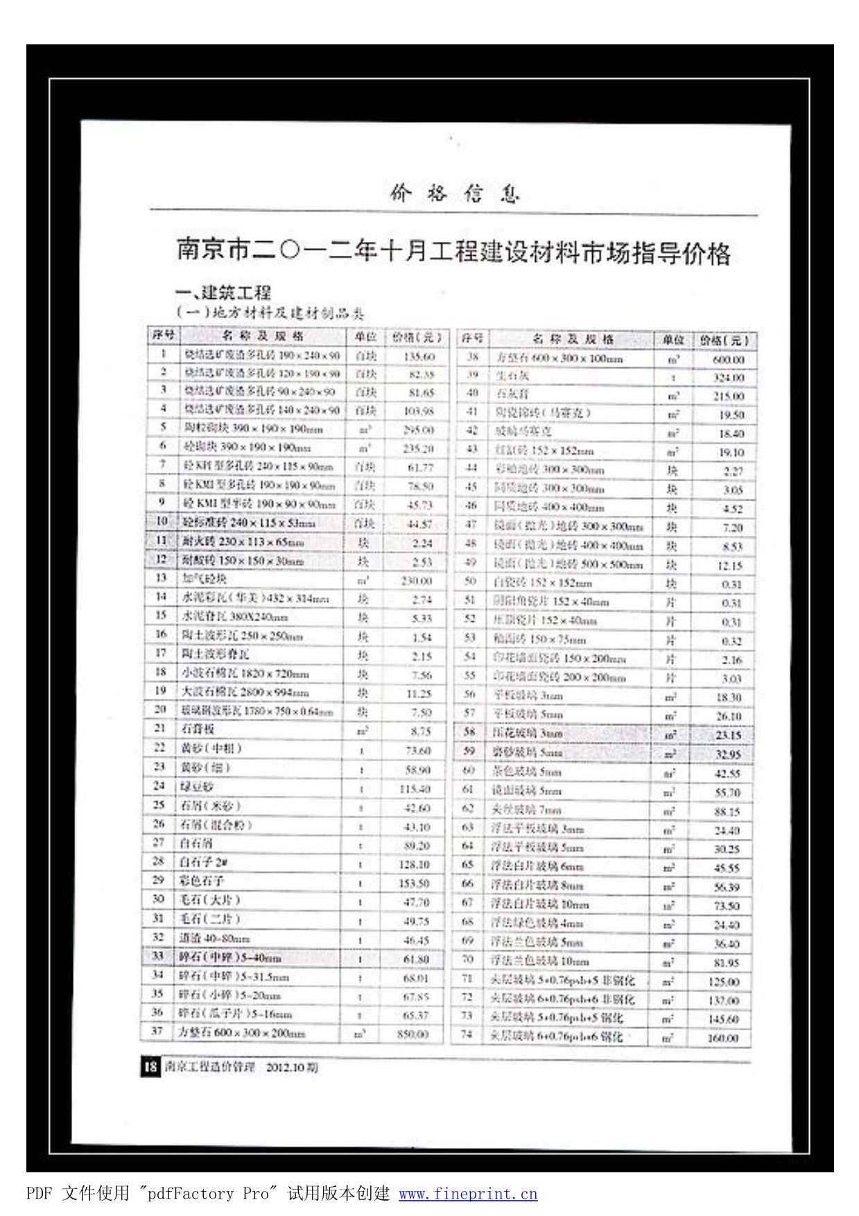 南京市2012年10月信息价封面