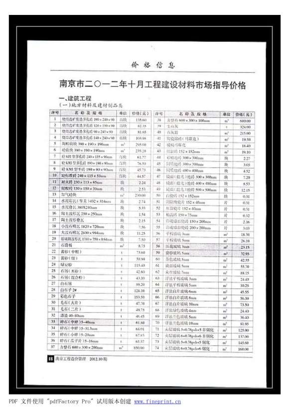 南京市2012年10月信息价_南京市信息价期刊PDF扫描件电子版