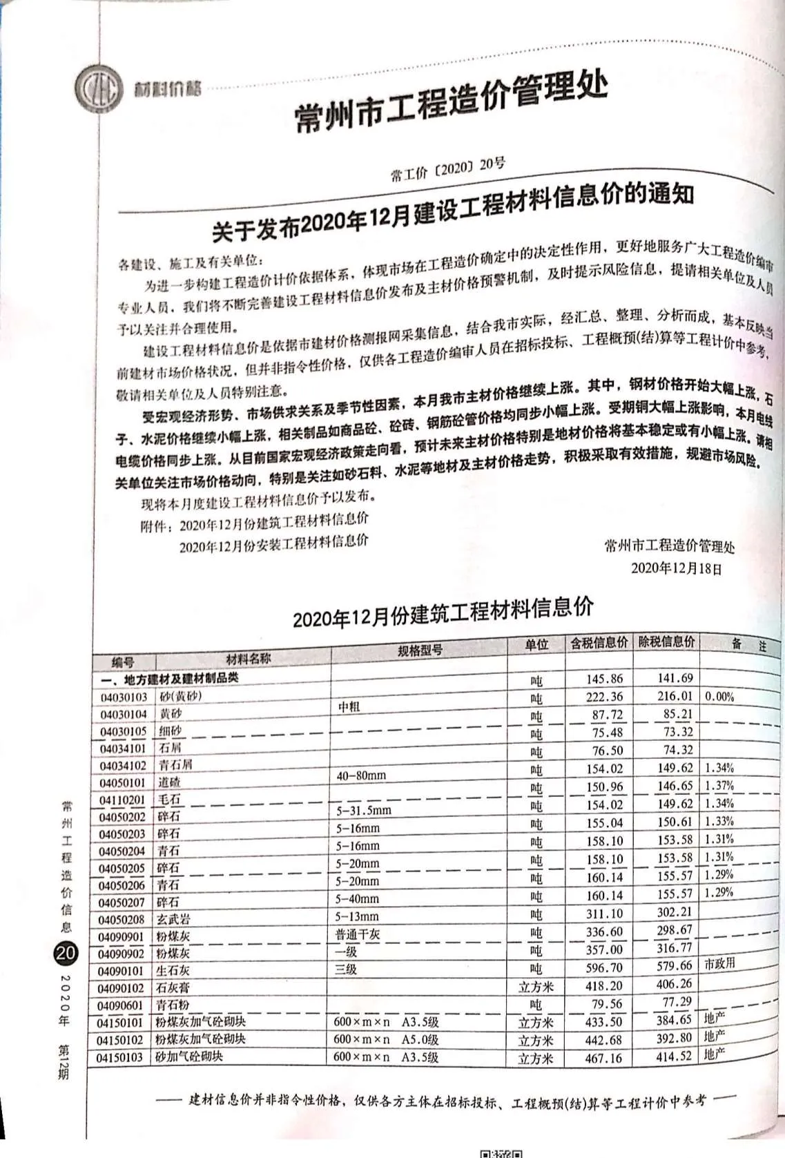 2020年12月常州信息价