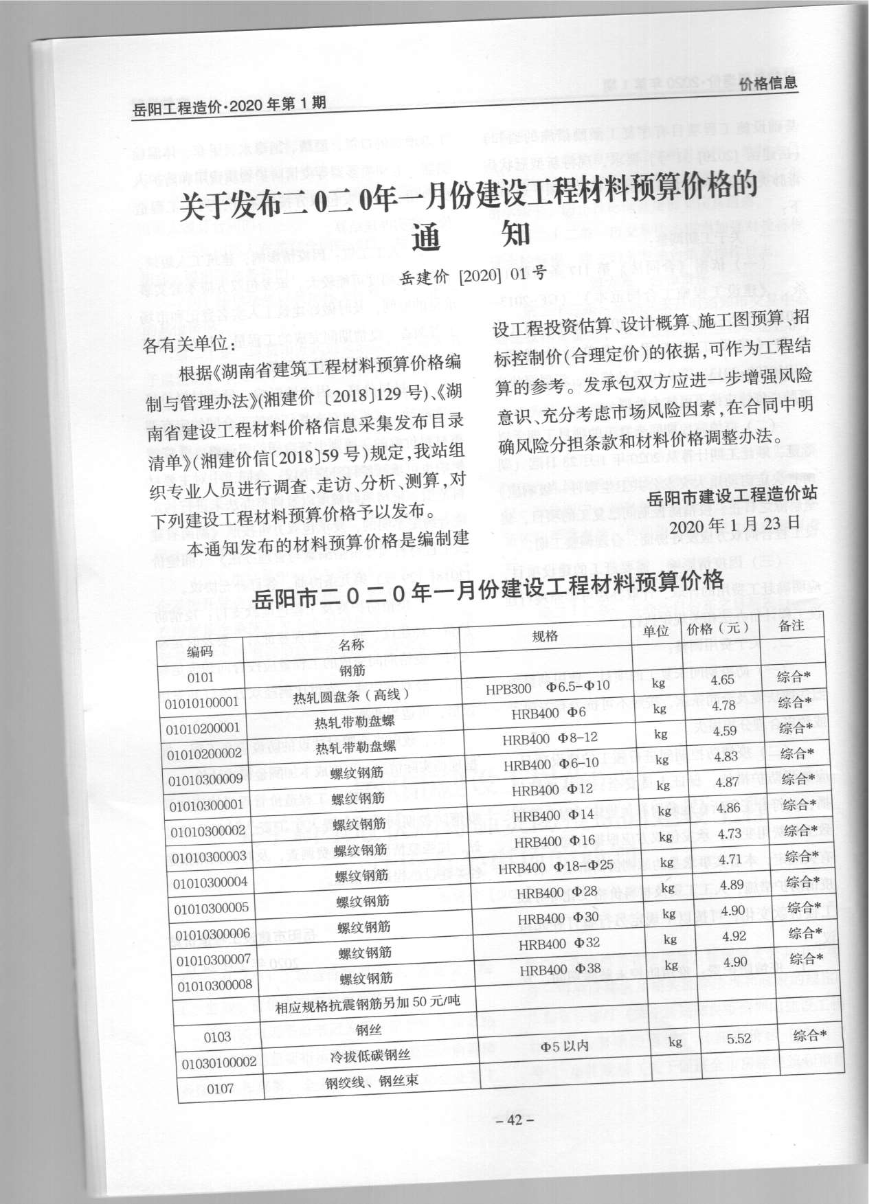 岳阳市2020年第1期信息价封面