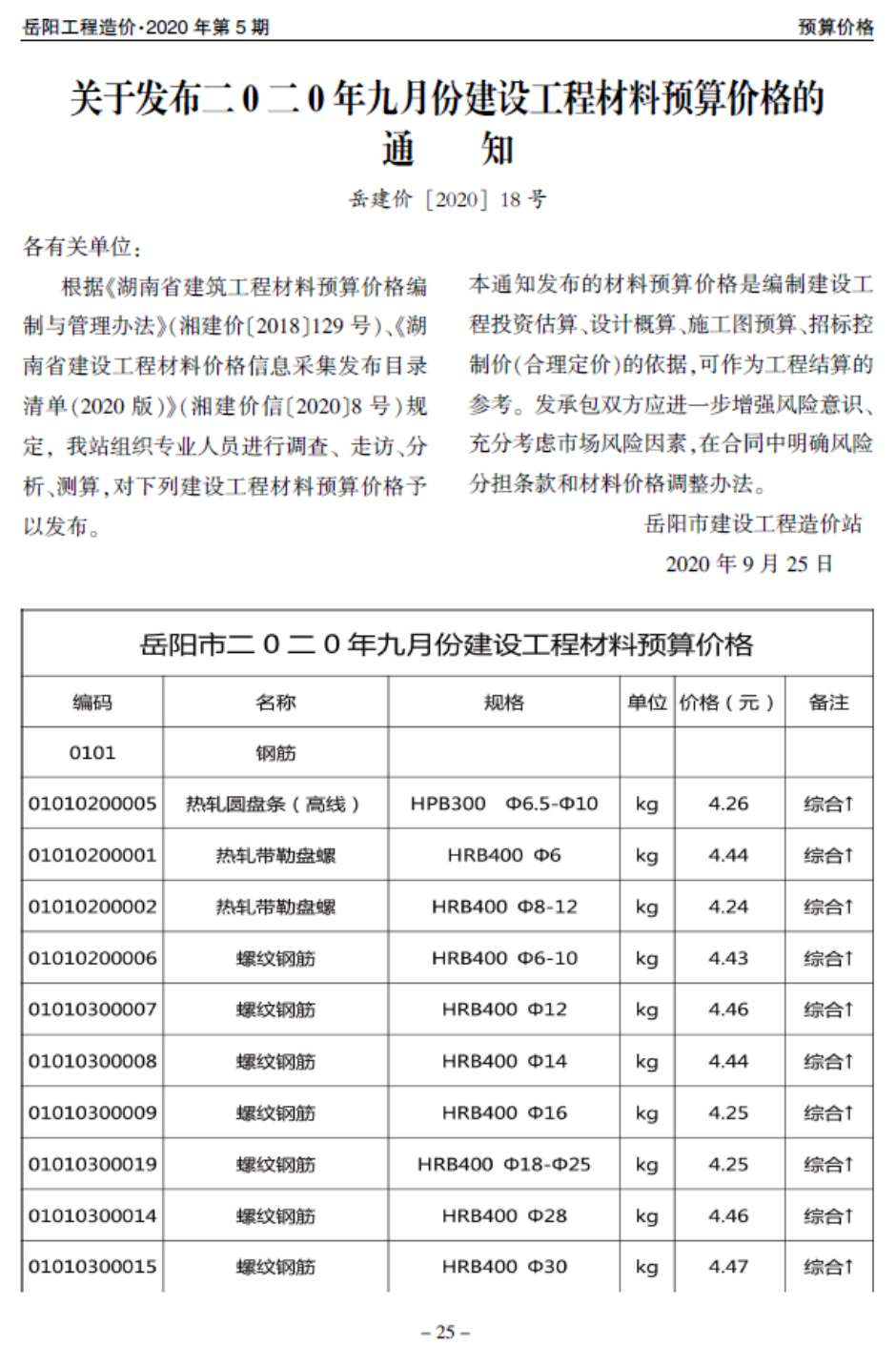岳阳市2020年第5期信息价封面