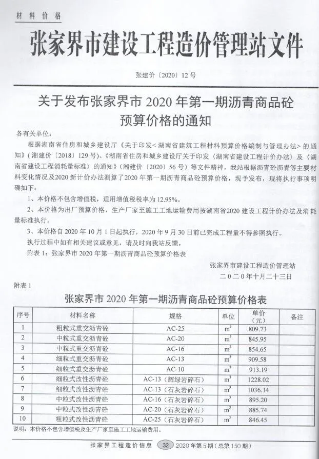 2020年第5期张家界信息价电子版