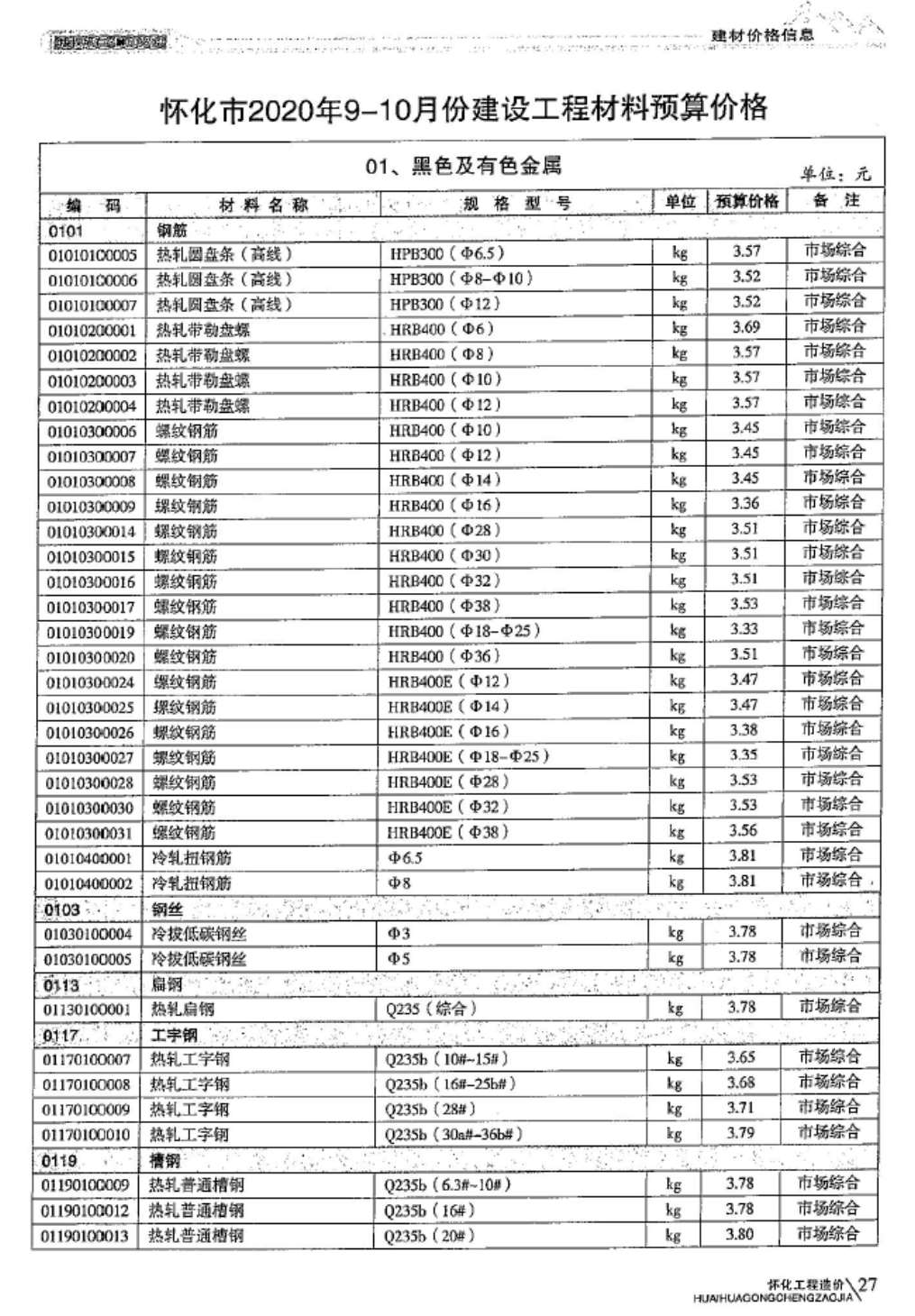 怀化市2020年第5期信息价封面