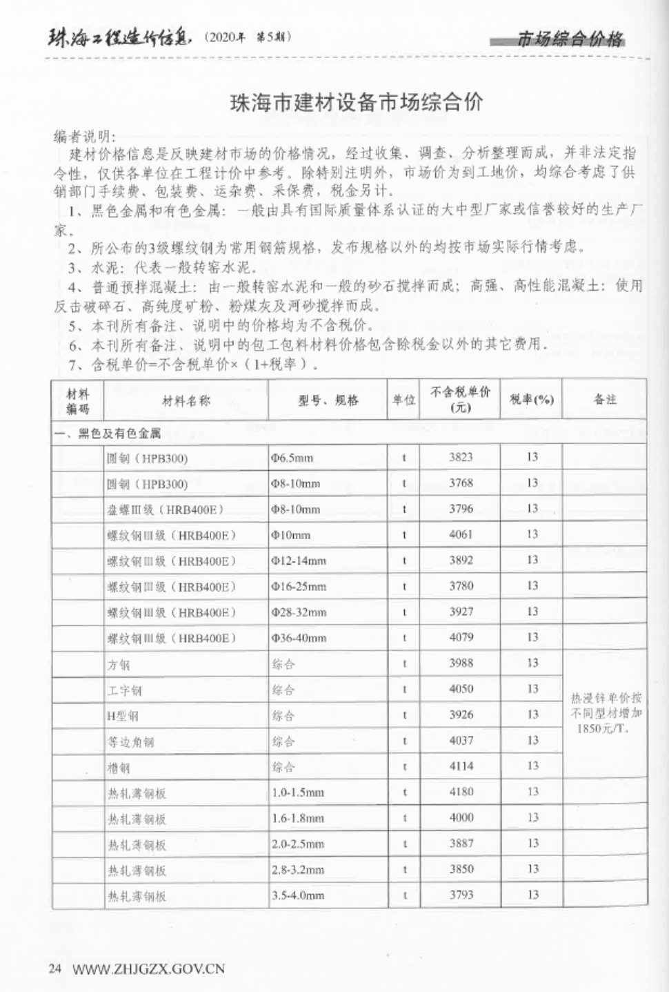 珠海市2020年第5期信息价封面