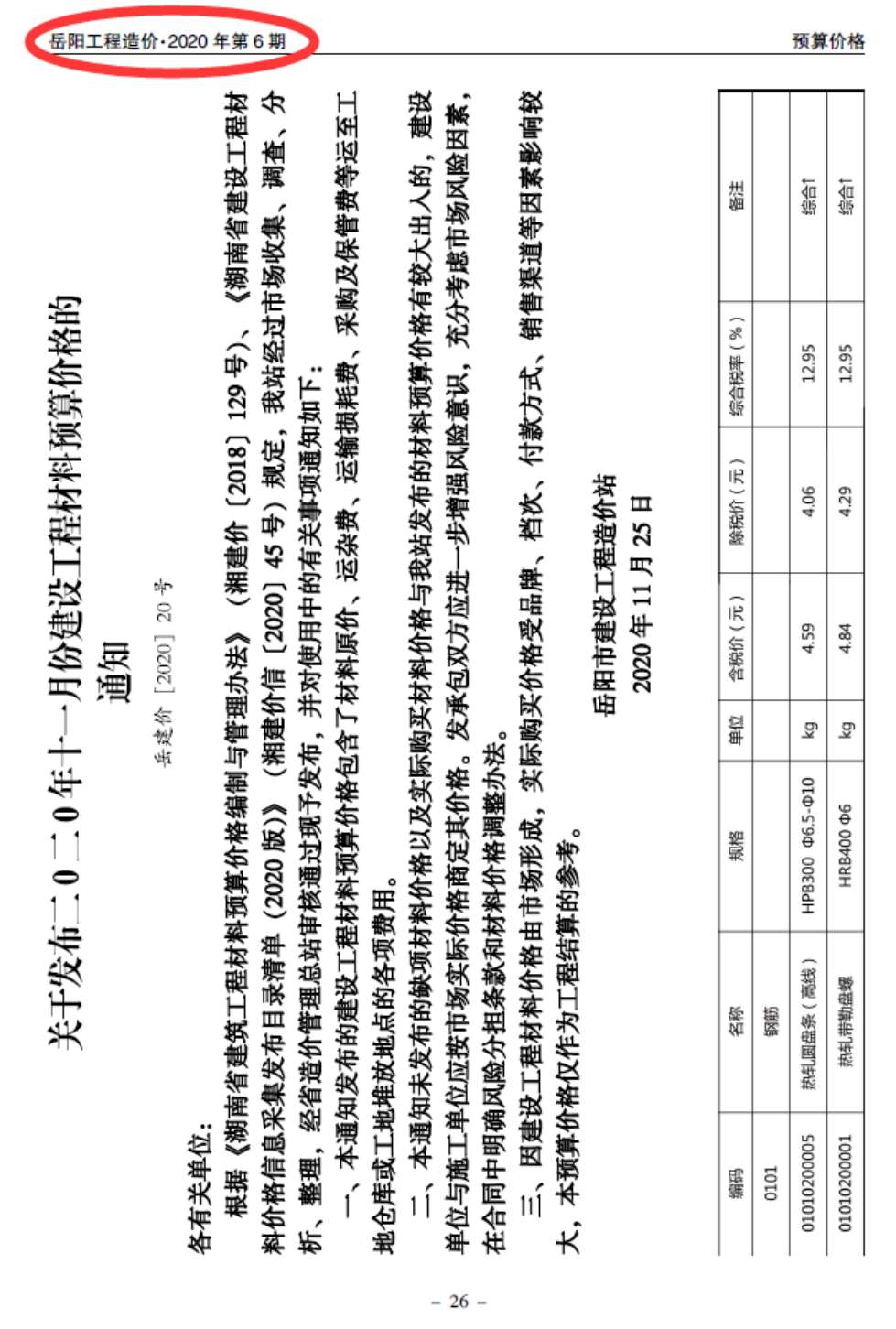 岳阳市2020年第6期信息价封面