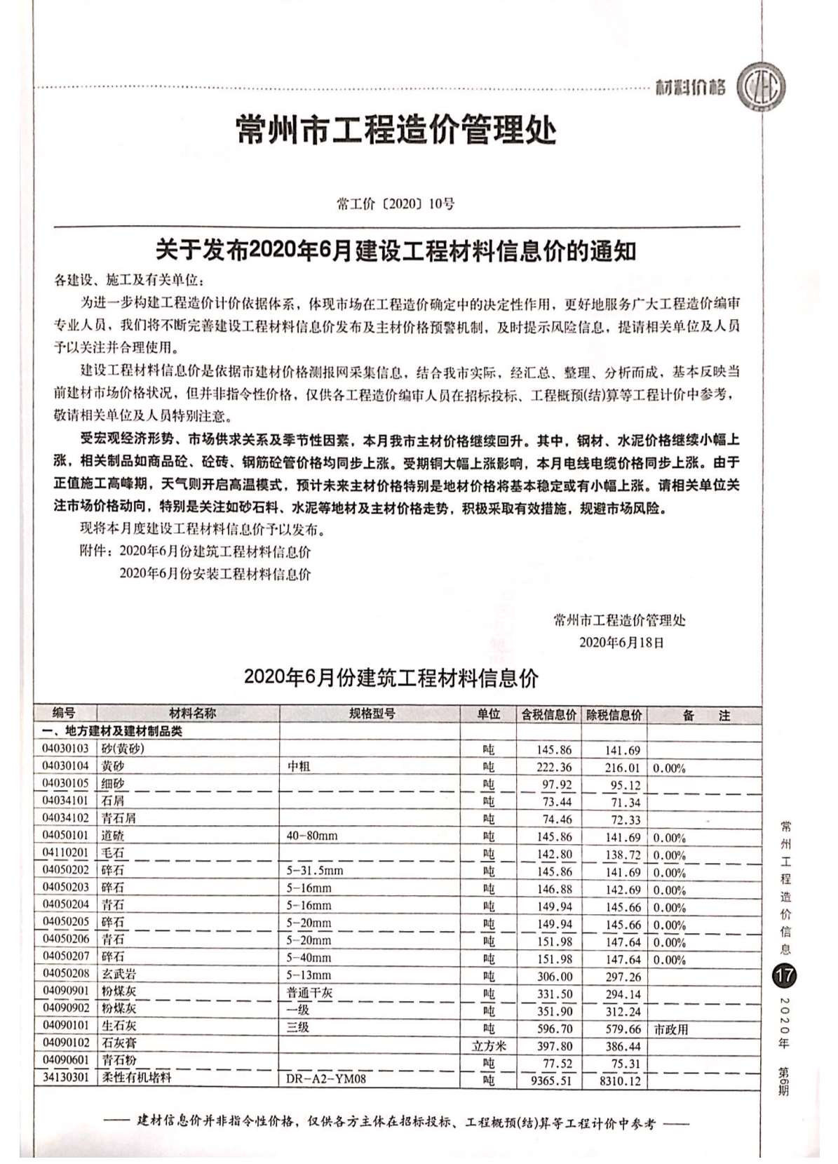 常州市2020年第6期信息价封面