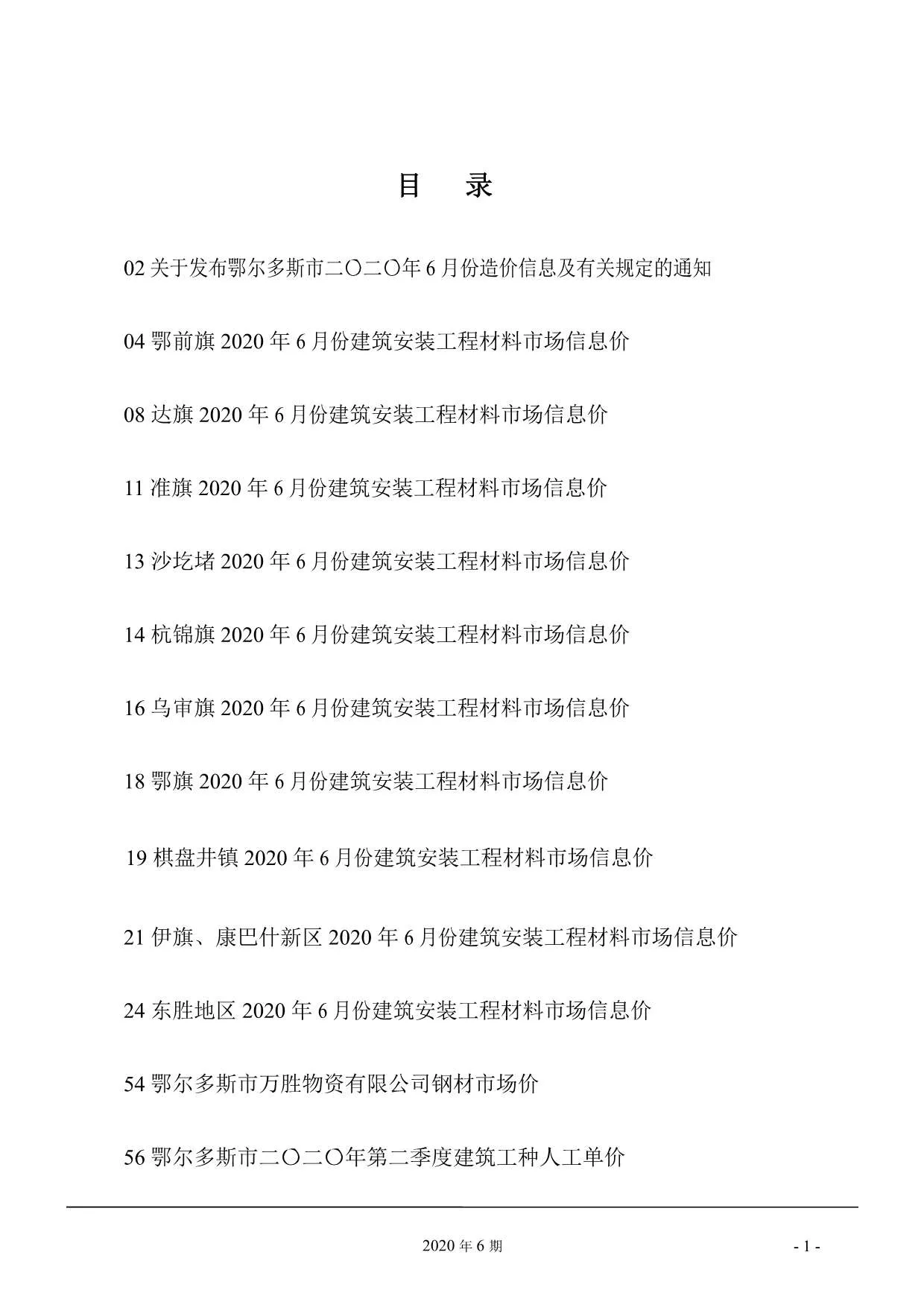 鄂尔多斯市2020年第6期信息价