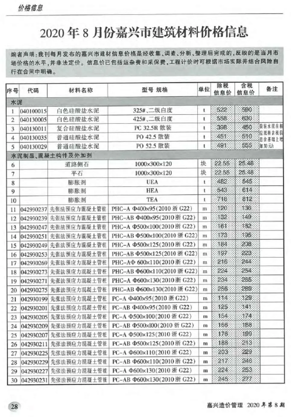 嘉兴市2020年8月电子版信息价