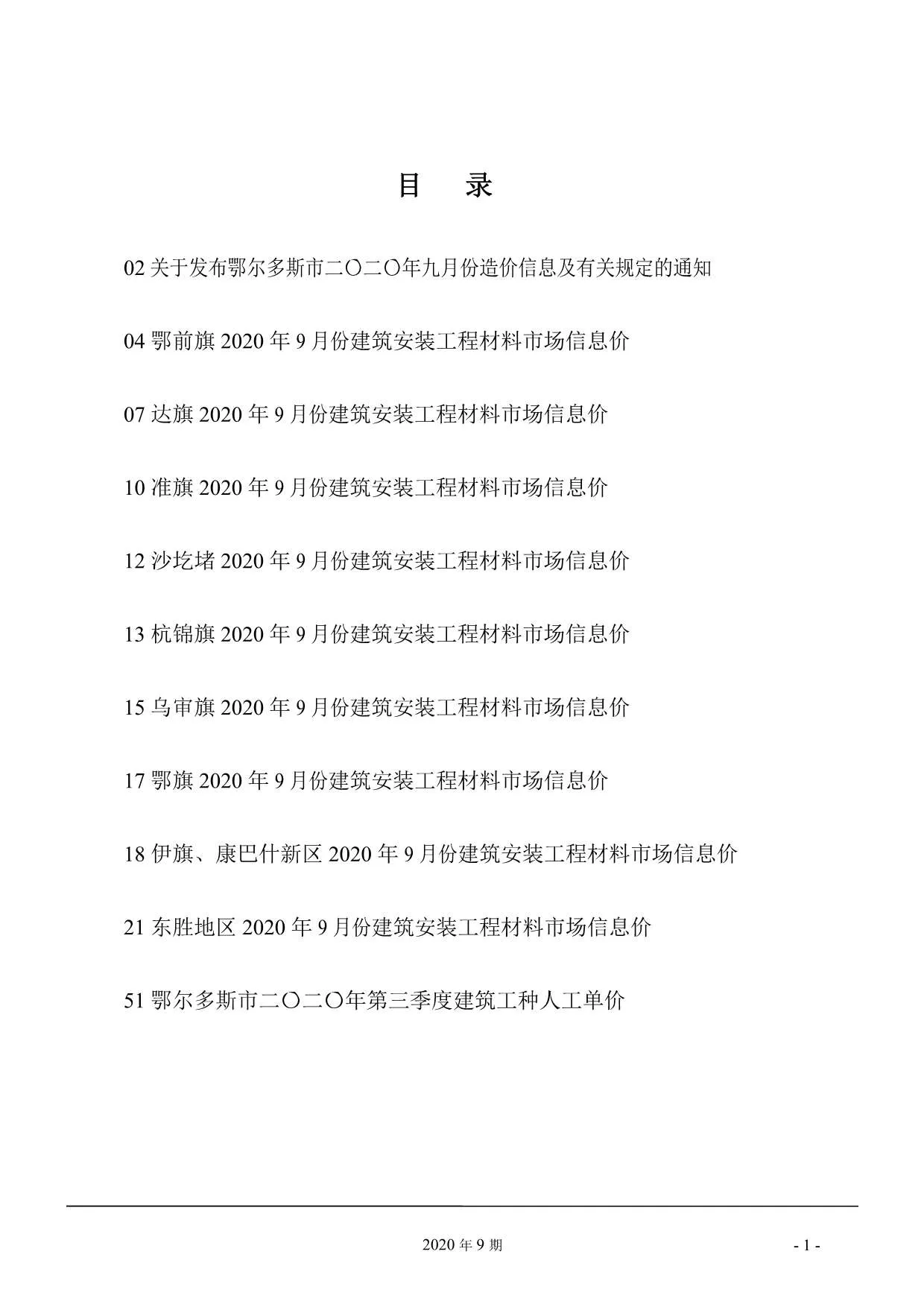 2020年9月鄂尔多斯信息价
