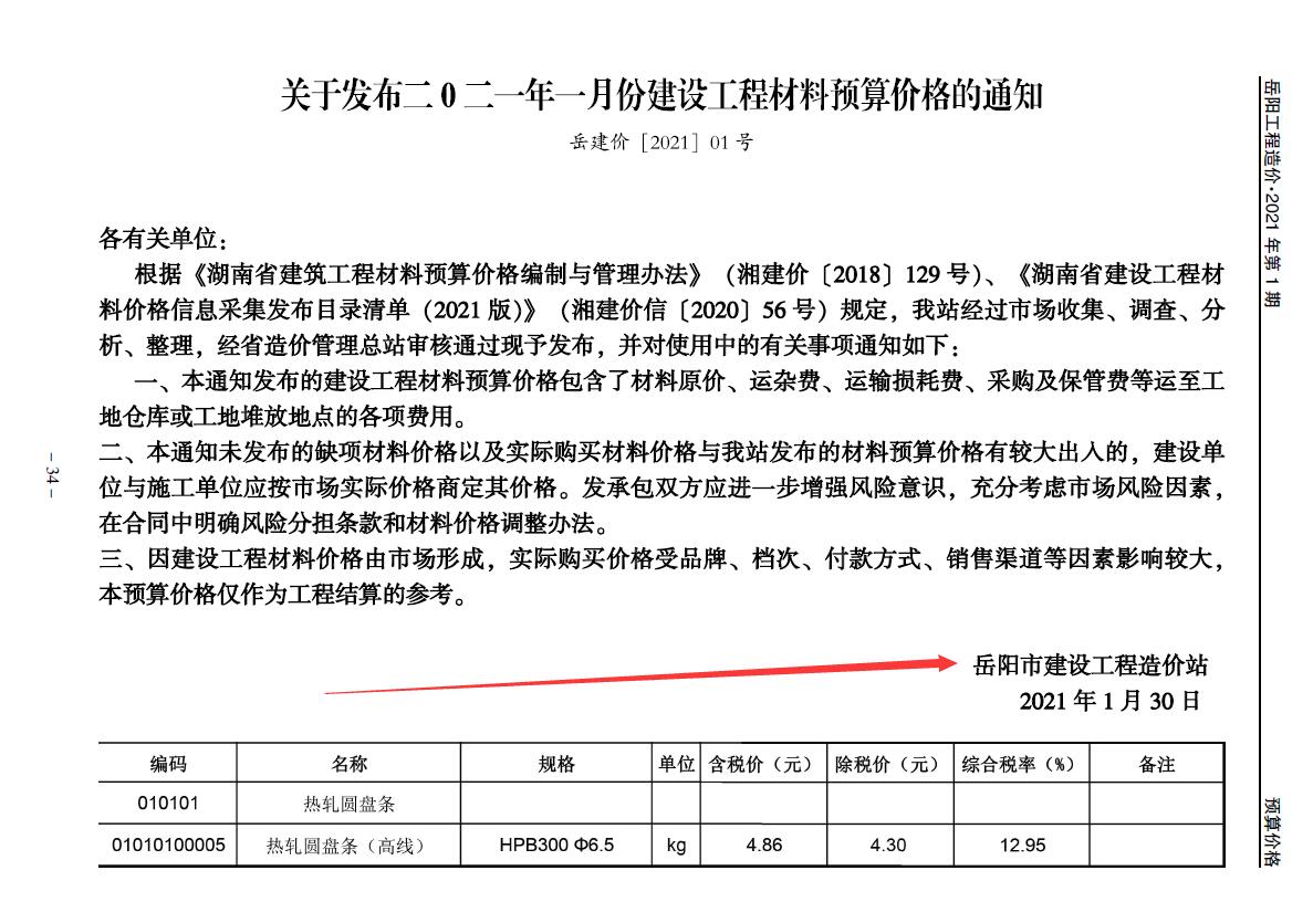 岳阳市2021年第1期信息价封面