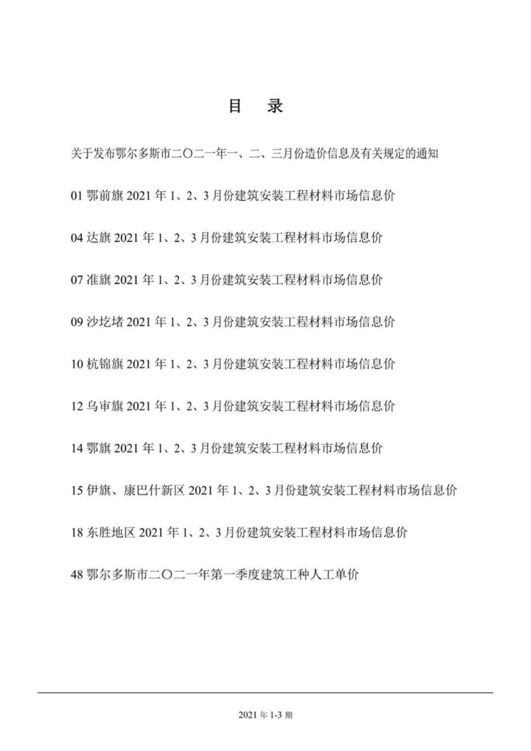 鄂尔多斯市2021年第1期招标信息价电子版PDF