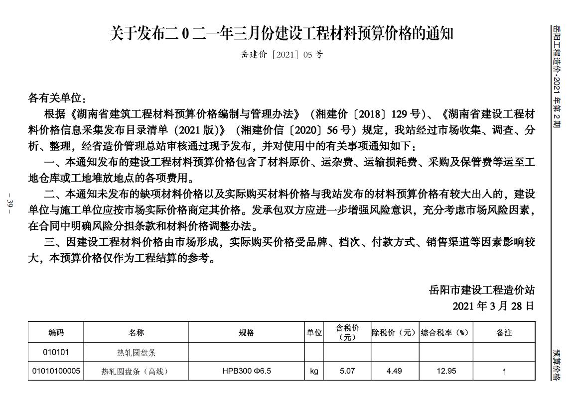 岳阳市2021年第3期信息价封面