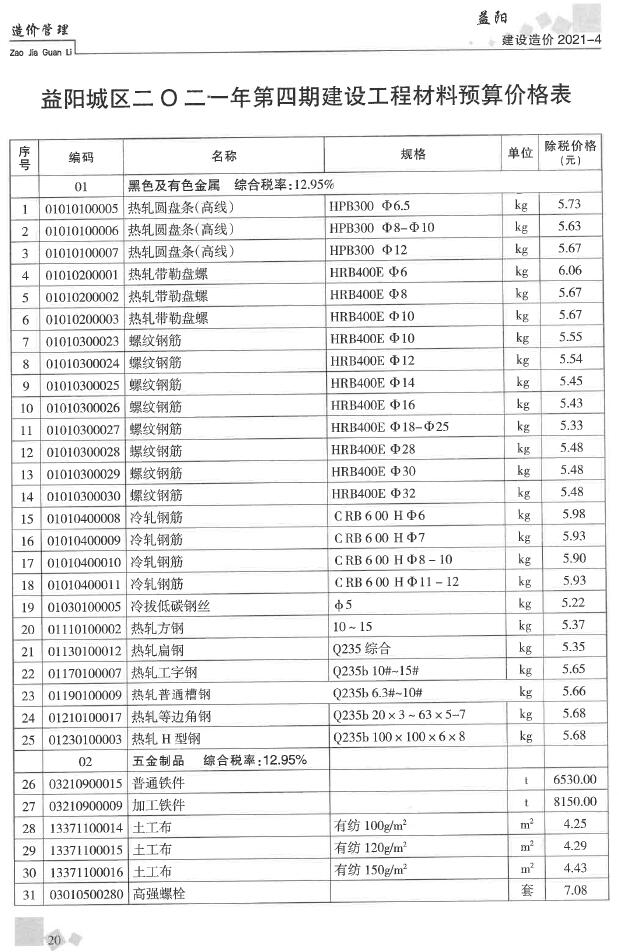 益阳市2021年第4期信息价封面
