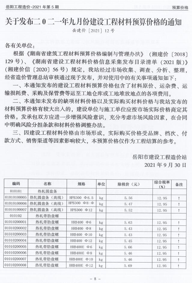 岳阳市2021年第5期信息价封面