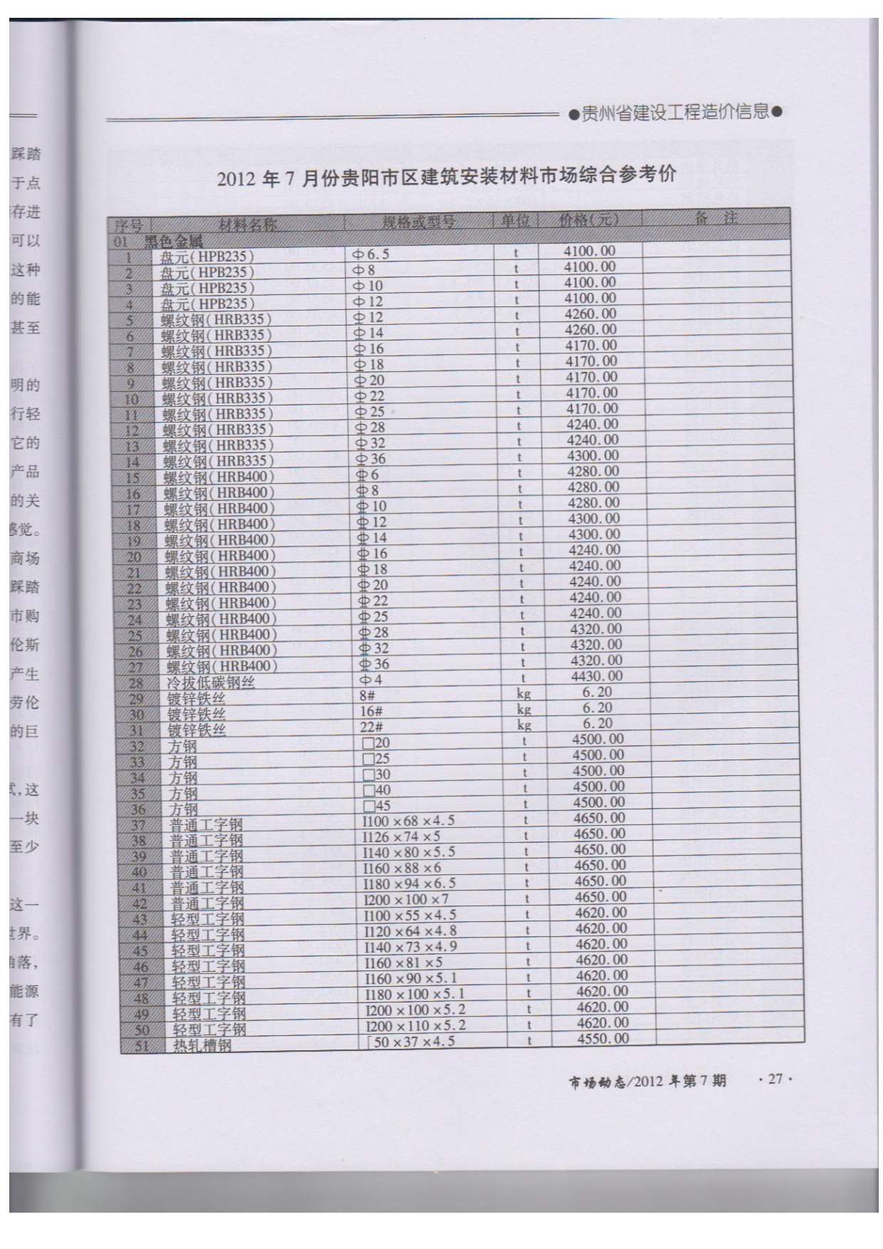贵州省2012年7月信息价封面