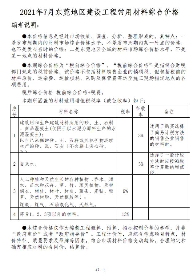 东莞市2021年7月信息价电子版