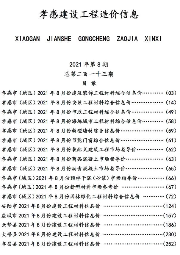 2021年8月孝感信息价